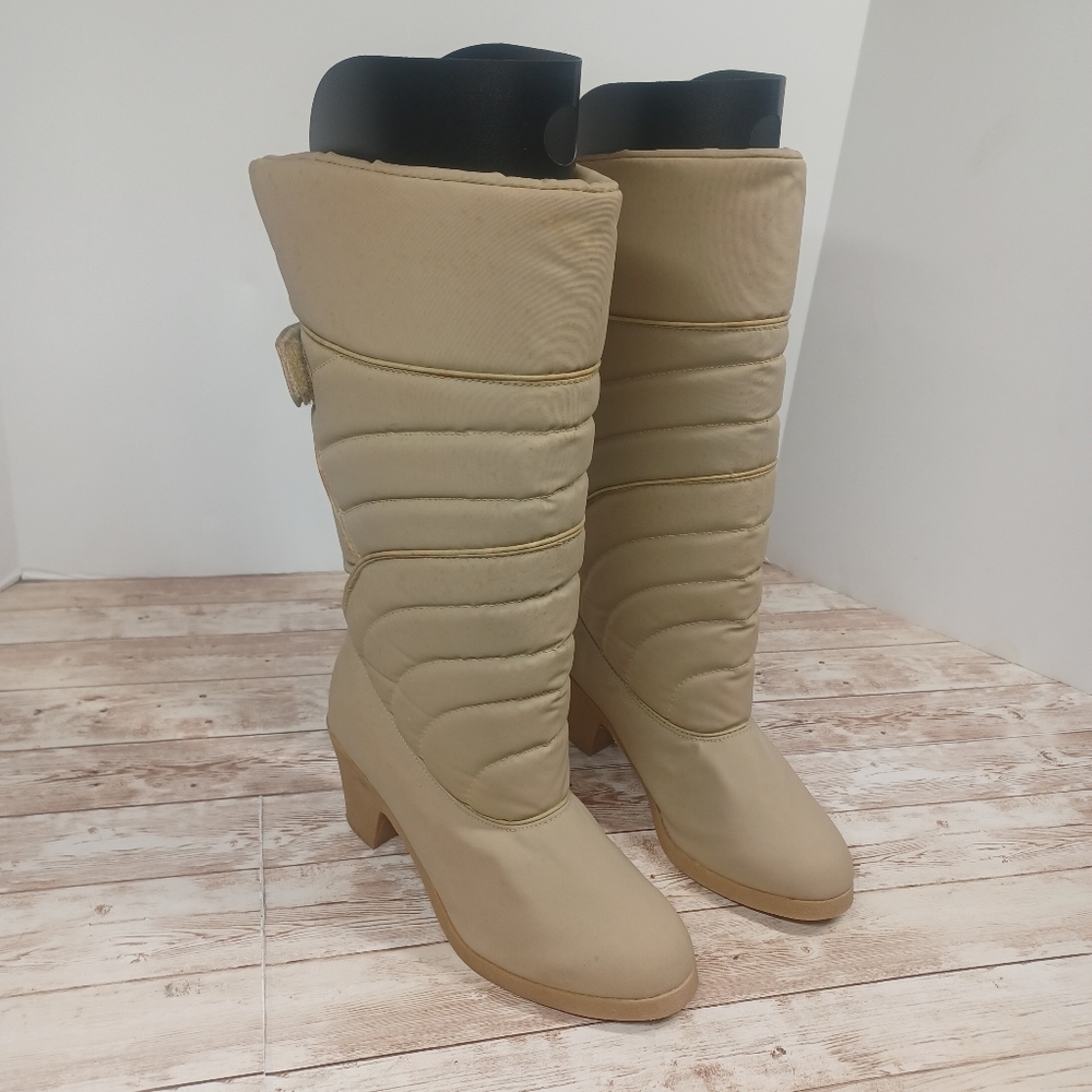 Intran Vintage Snow Boots Faux Fur Lined Tan Knee High with Heel Women's Size 6